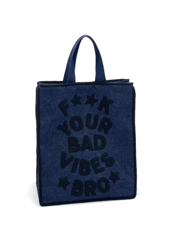 CHILTERN Denim Blue Unique Cabas Bag F**K YOUR BAD VIBES BRO Front