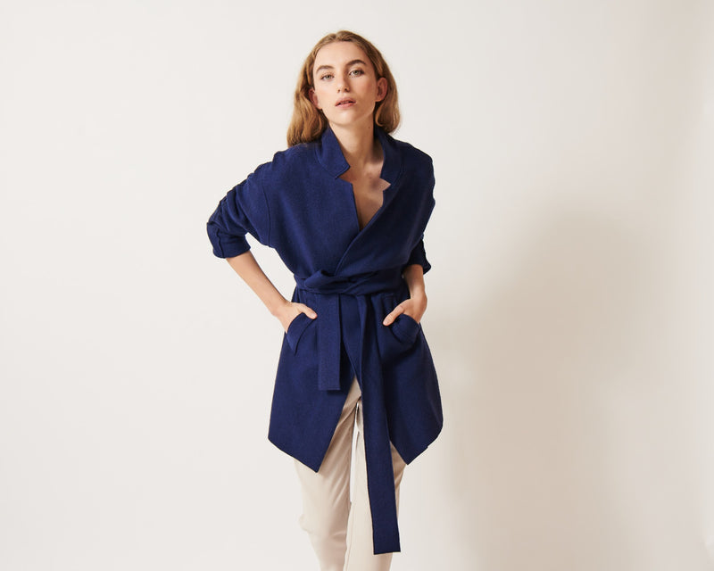 BERLIN French Blue Boiled Wool Belted Cardigan Jacket with Model