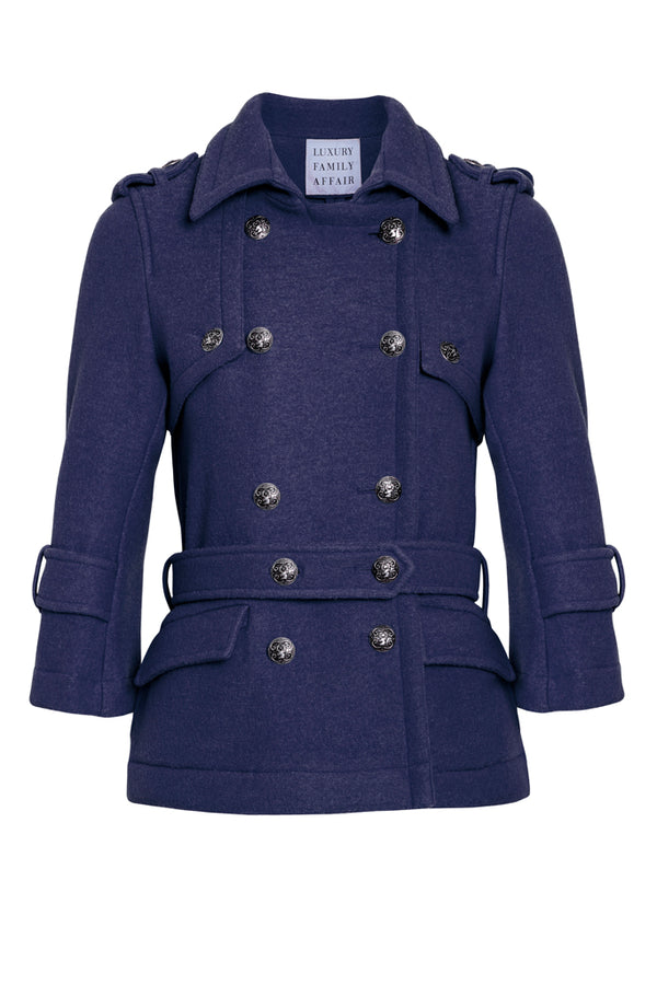CLAUDIA French Blue Boiled Wool Belted Military Jacket Front