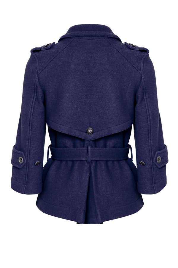 CLAUDIA French Blue Boiled Wool Belted Military Jacket Back