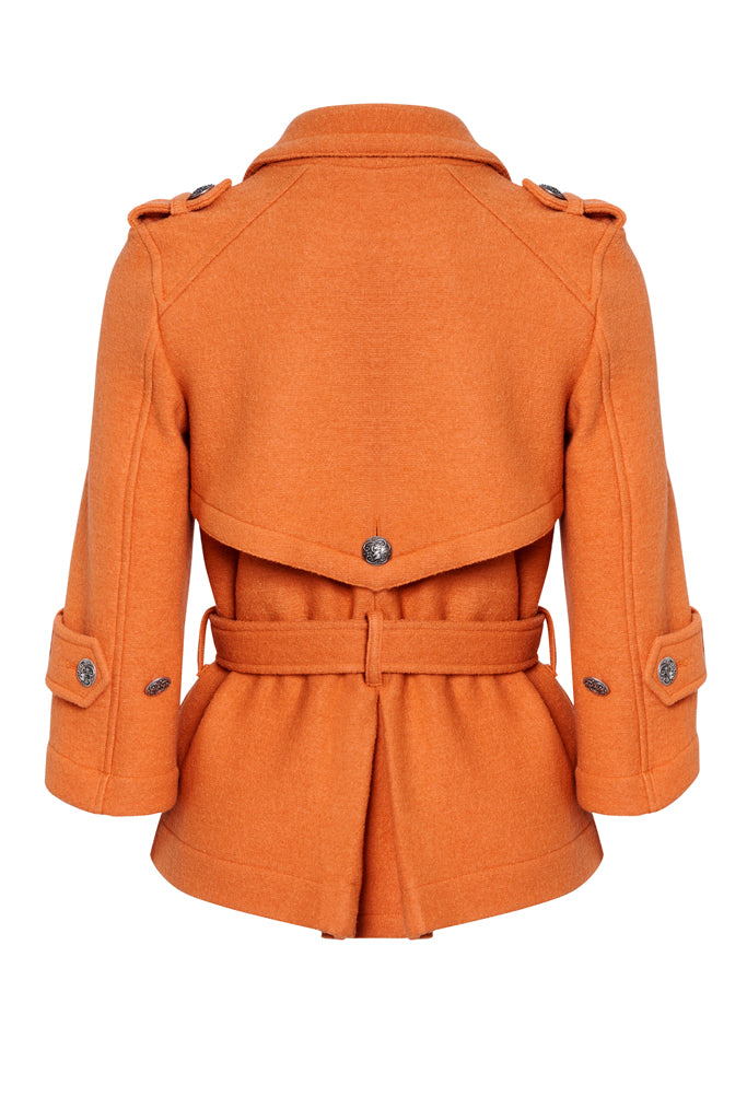 CLAUDIA Orange Boiled Wool Belted Military Jacket Back