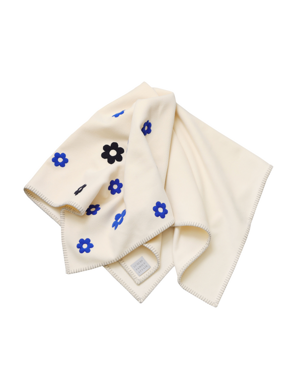 HAPPY HIPPIE White Wool Throw Blanket with Blue Flowers Folded