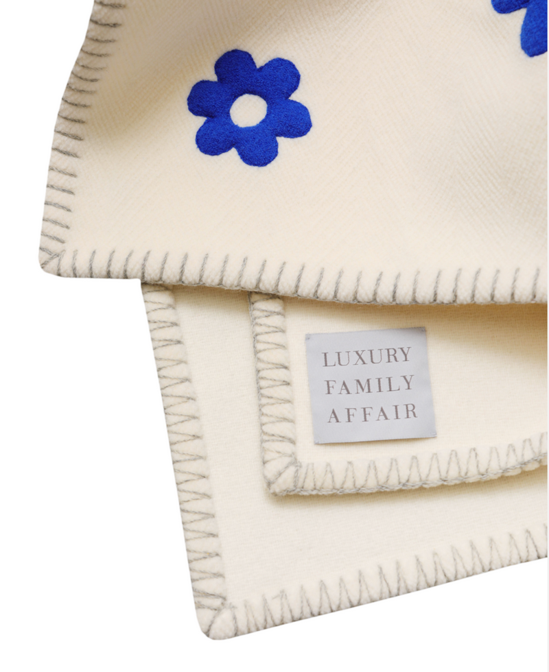 HAPPY HIPPIE White Wool Throw Blanket with Blue Flowers Detail