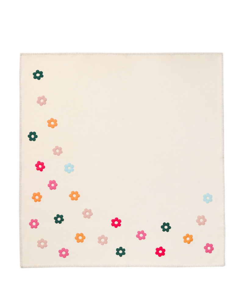 HAPPY HIPPIE White Wool Throw Blanket with Multicolour Flowers Open