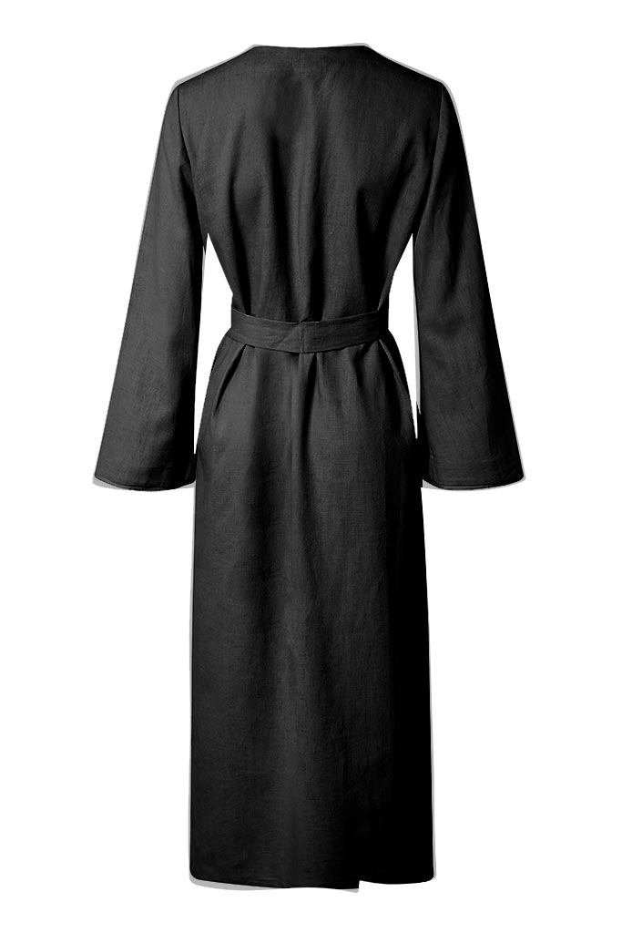 ST. TROPEZ Black Pure Organic Linen Belted Kimono Robe Dress Back