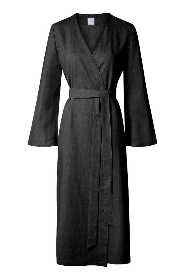ST. TROPEZ Black Pure Organic Linen Belted Kimono Robe Dress Front