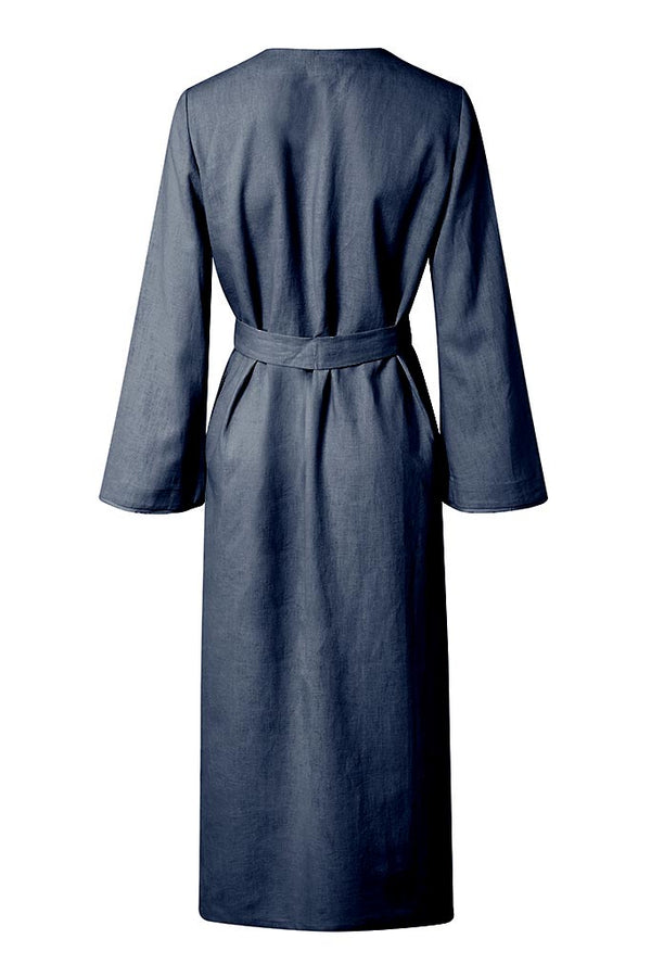 ST. TROPEZ Denim Blue Pure Organic Linen Belted Kimono Robe Dress Back