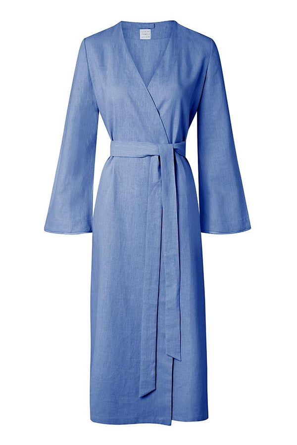 ST. TROPEZ Ocean Blue Pure Organic Linen Belted Kimono Robe Dress Front