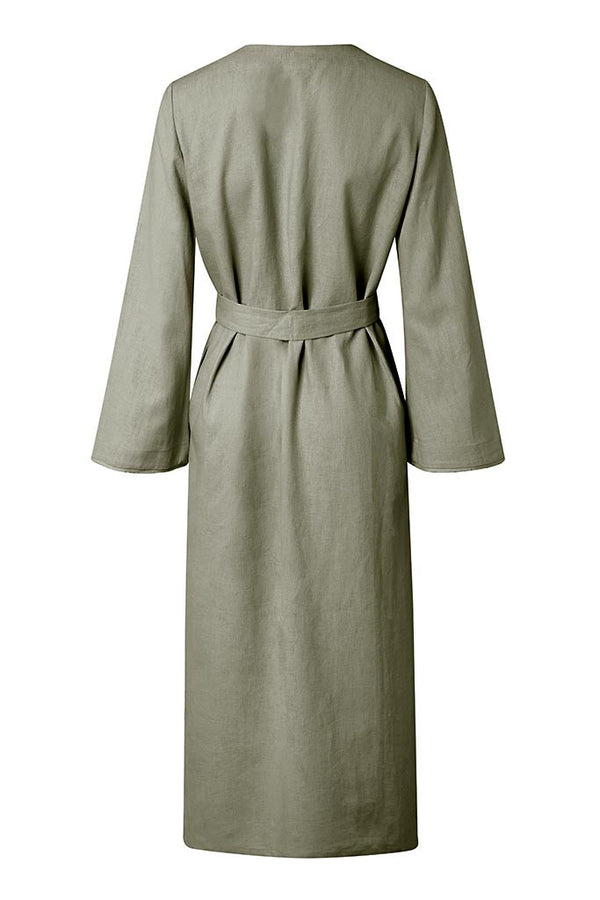 ST. TROPEZ Olive Green Pure Organic Linen Belted Kimono Robe Dress Back